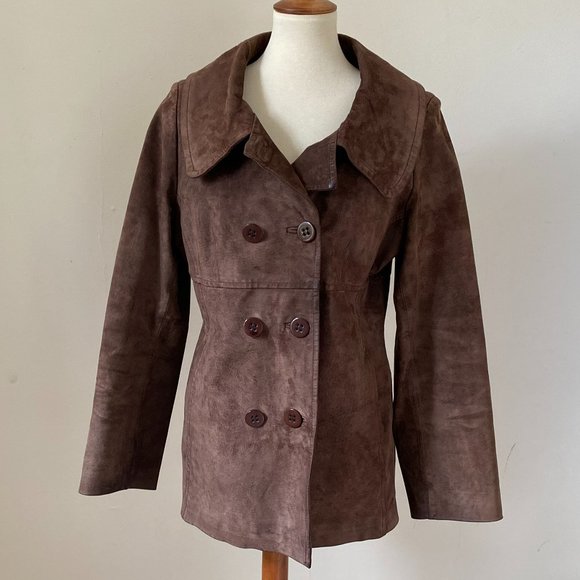 XOXO Chocolate Brown Suede Coat Double Breasted Jacket size L - Picture 2 of 14